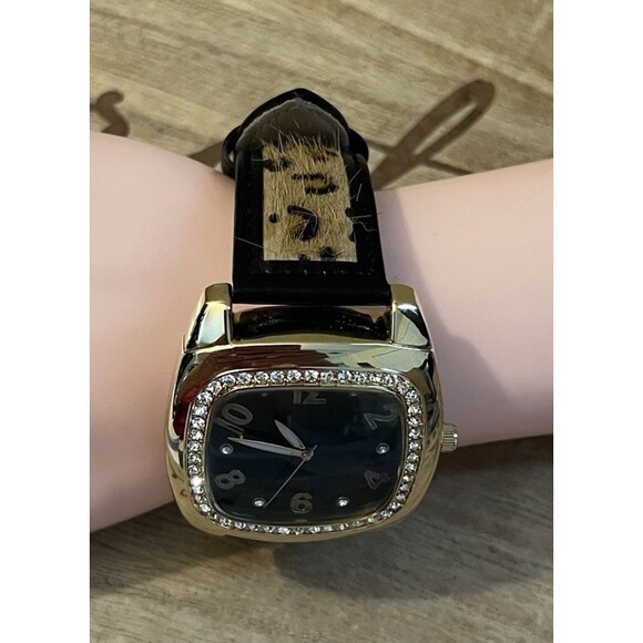 Adrienne Vittadini Womens Rhinestone Calf Hair Cheetah Print Leather Wrist Watch - Picture 2 of 11